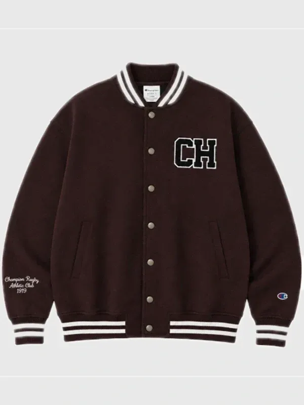 BTS Taehyung x Champion 2026 brown varsity jacket re-creation