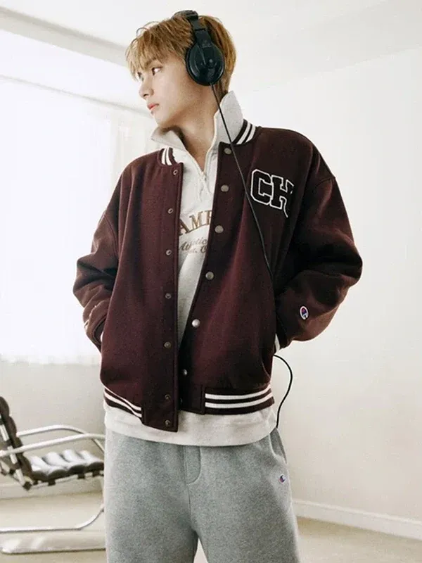 BTS Taehyung x Champion 2026 Brown Varsity Jacket – Re-Creation - Image 2