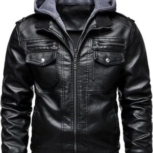 Men's black leather-look hooded jacket with gray hood and zippered front