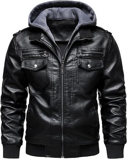 Men's black leather-look hooded jacket with gray hood and zippered front