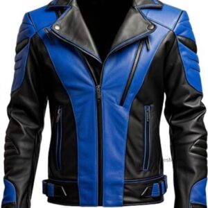 Men's blue and black biker jacket with contrasting panels and zip pockets.