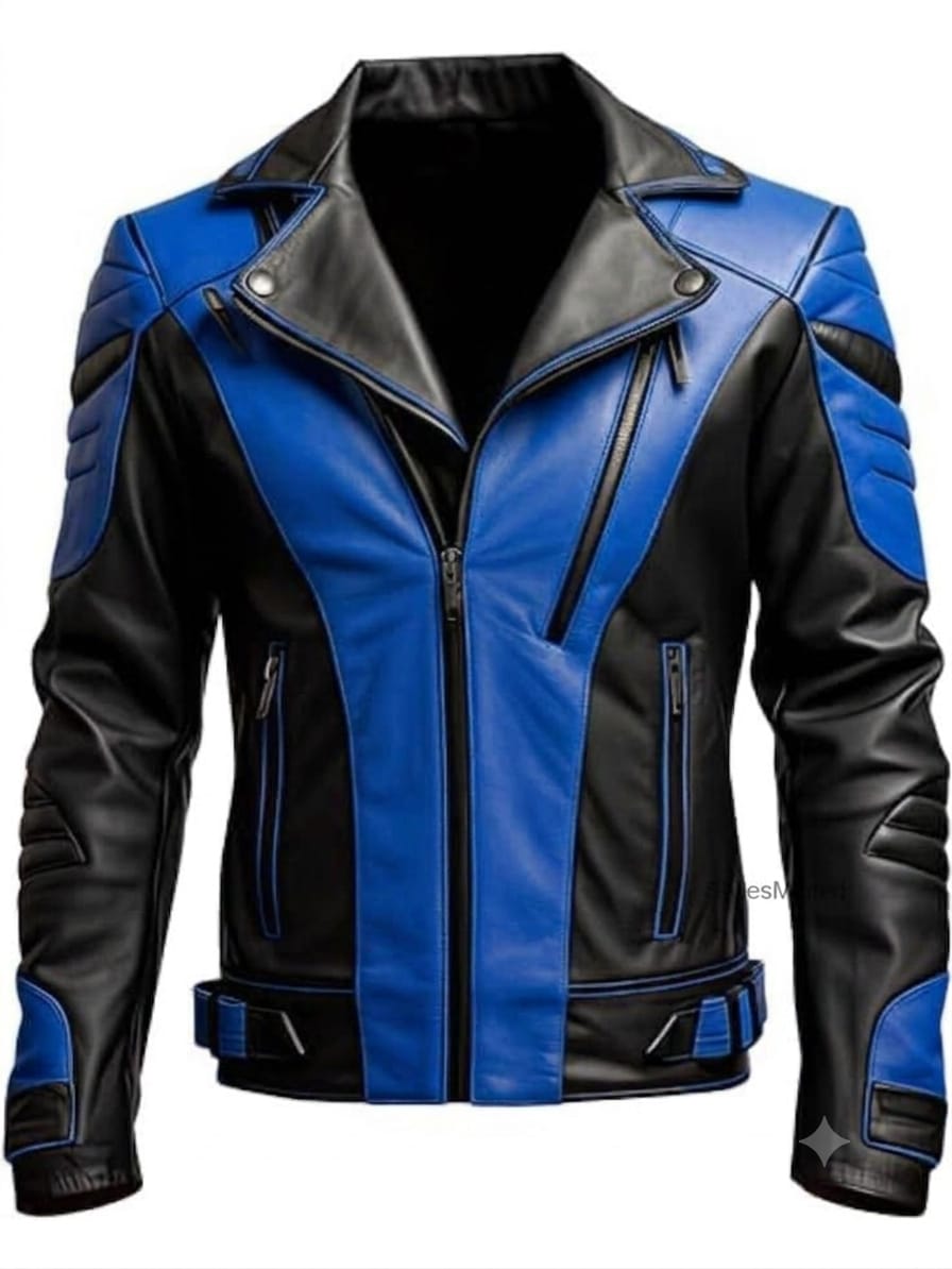 Men's blue and black biker jacket with contrasting panels and zip pockets.