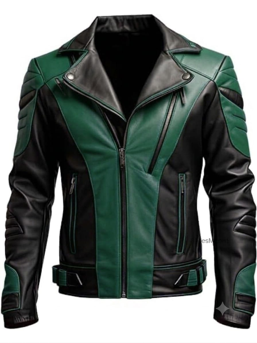 Men's green and black quilted biker jacket with lapel collar.