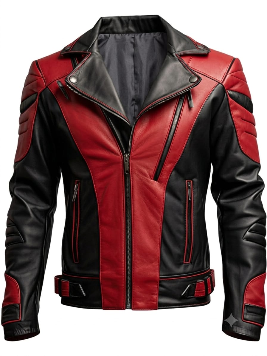 Men's red and black two-tone biker jacket with quilted shoulders.