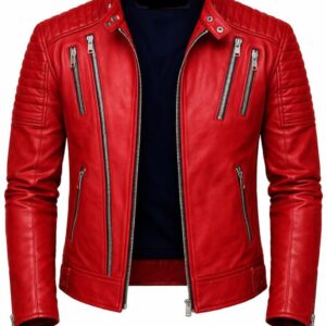 Men's red biker-style jacket with quilted shoulders and silver-tone zippers