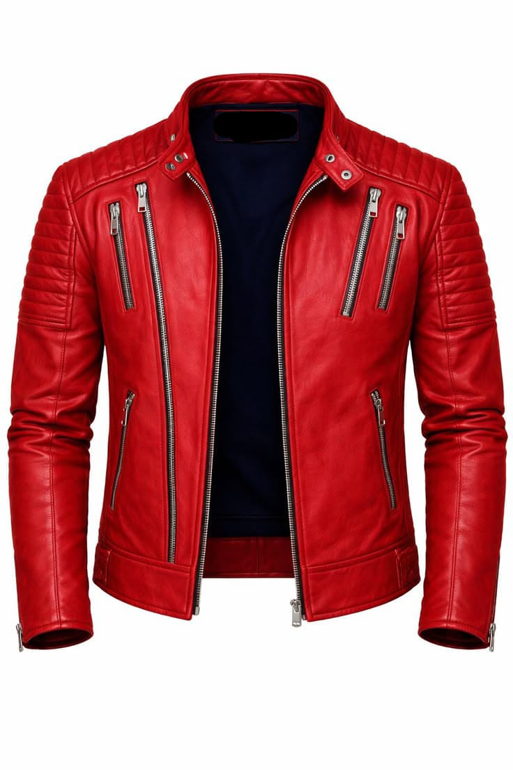 Men's red biker-style jacket with quilted shoulders and silver-tone zippers