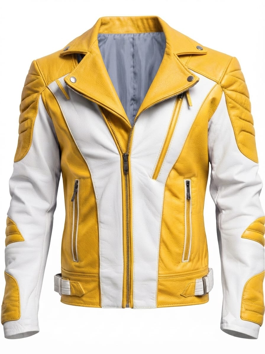 Men's yellow and white two-tone biker jacket with quilted shoulder details.